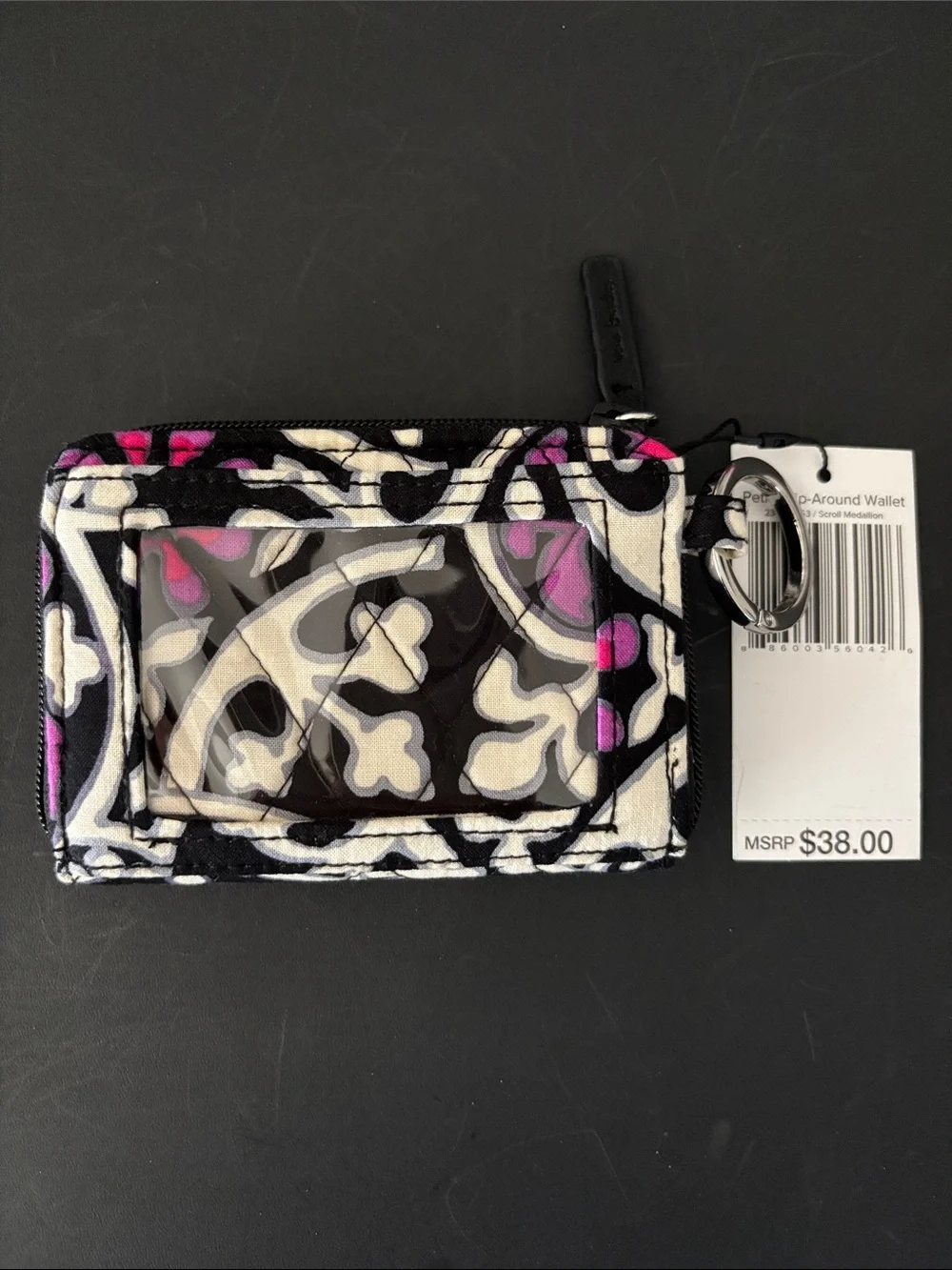 Vera Bradley Black White and Pink Patterned Zip ID Wallet with Key Ring